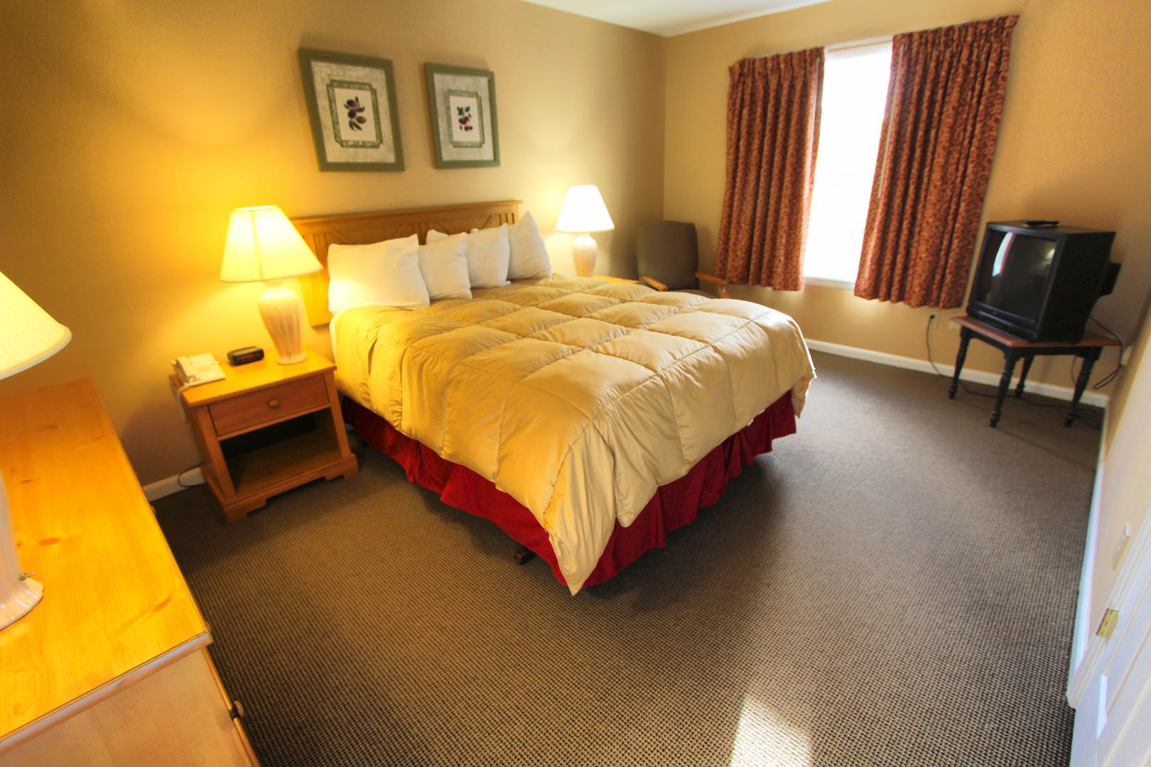A spacious bedroom at VRI's Lake Placid Club Lodges in New York.